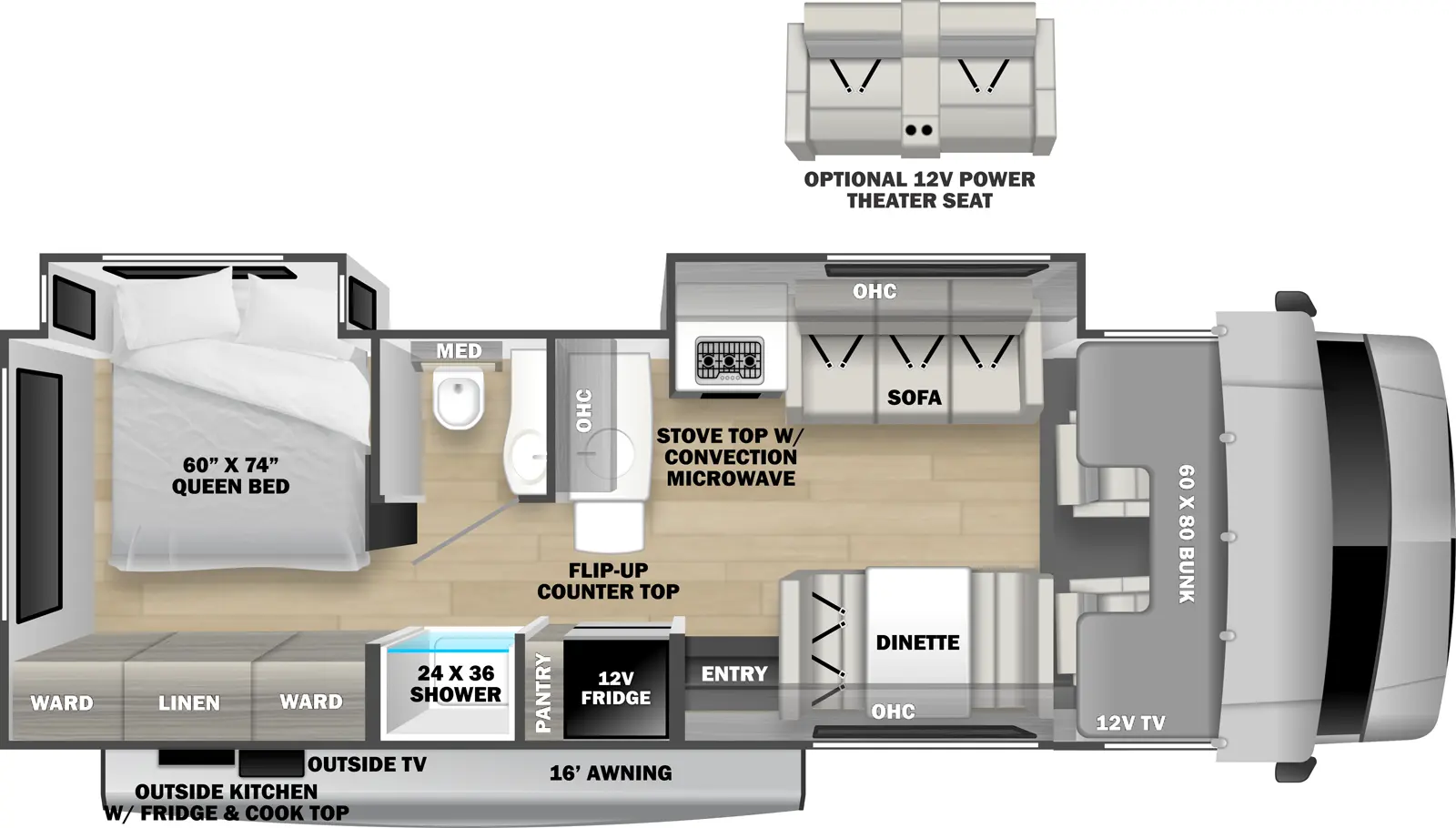 The Solera 32DSOK (Coming Soon) floorplan has one entry and two slide outs. Exterior features include: 16' awning and outside kitchen. Interiors features include: rear bedroom and bunk over cab.